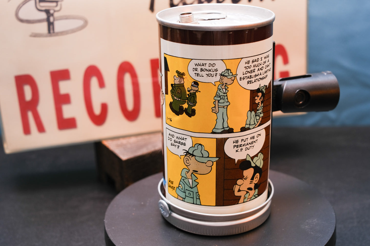 Lo Fi Soda Can Microphone - 1960s Brown Comic Can Beetle Bailey