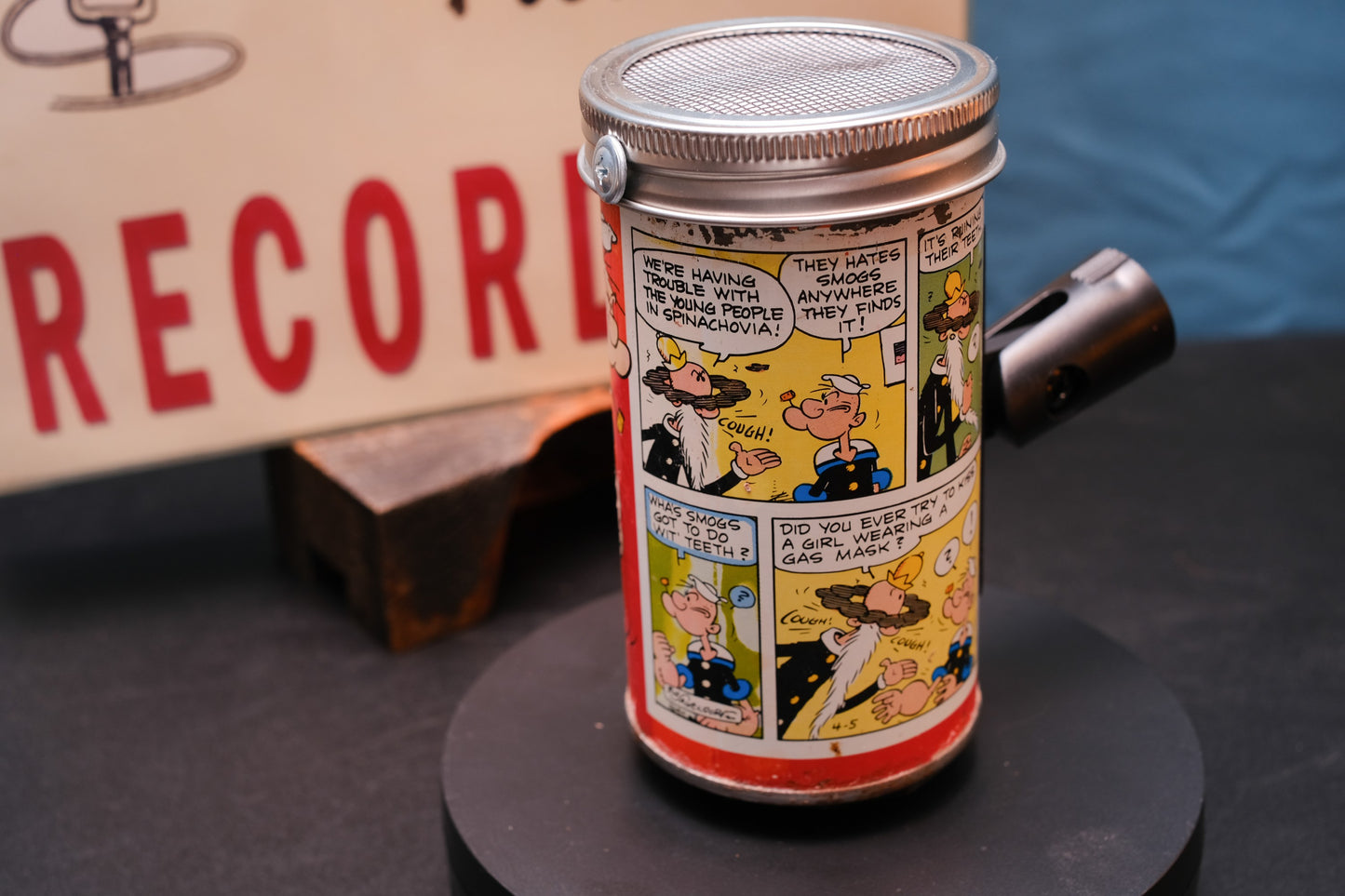 Lo Fi Soda Can Microphone - 1960s Smog Comic Can Popeye