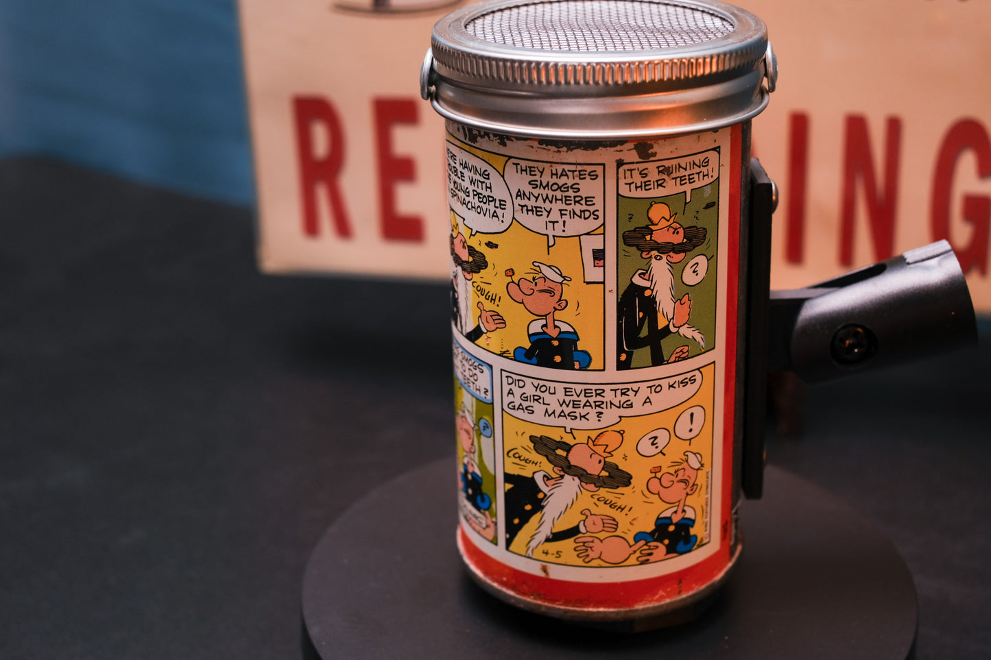Lo Fi Soda Can Microphone - 1960s Smog Comic Can Popeye