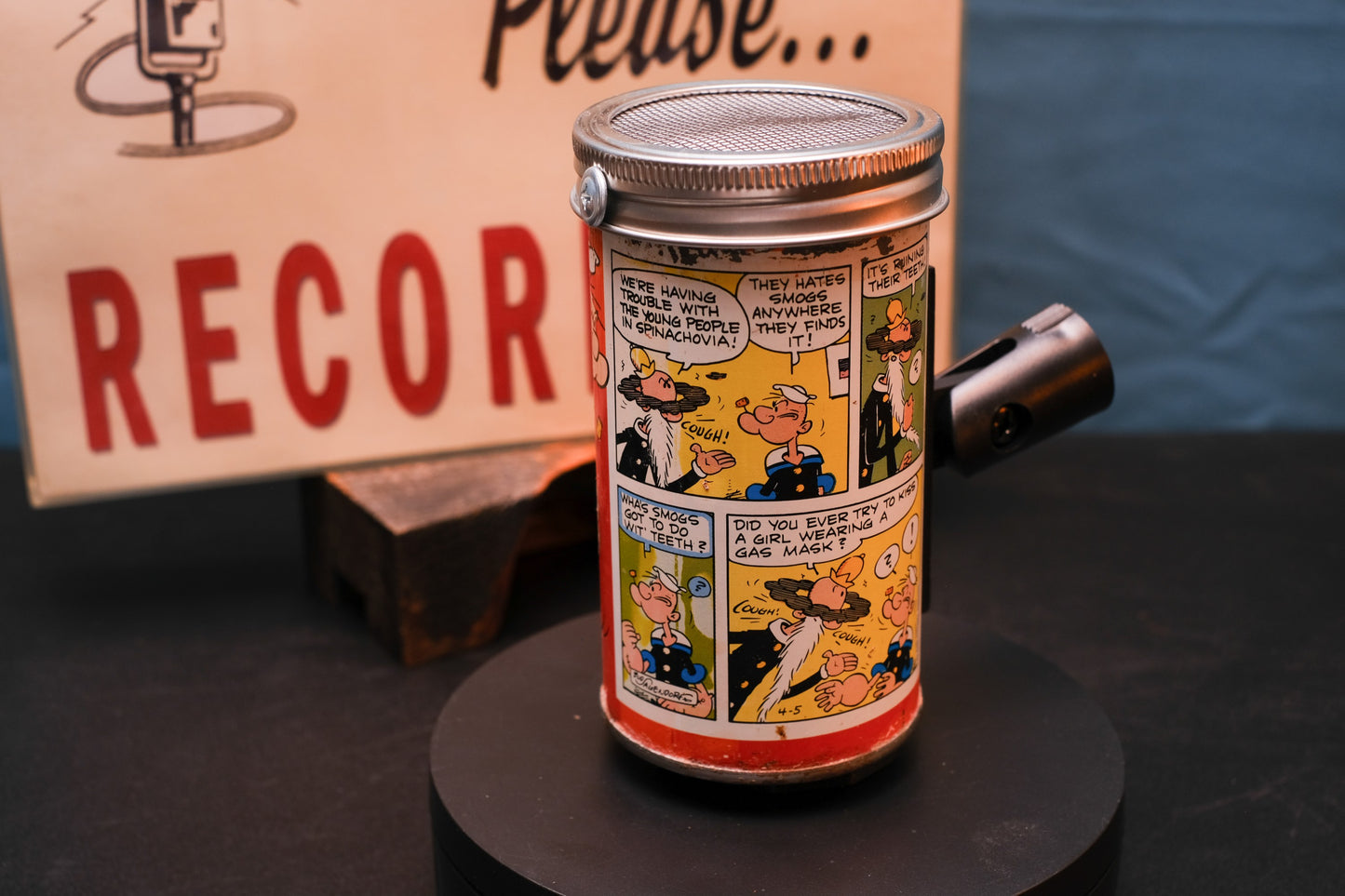 Lo Fi Soda Can Microphone - 1960s Smog Comic Can Popeye