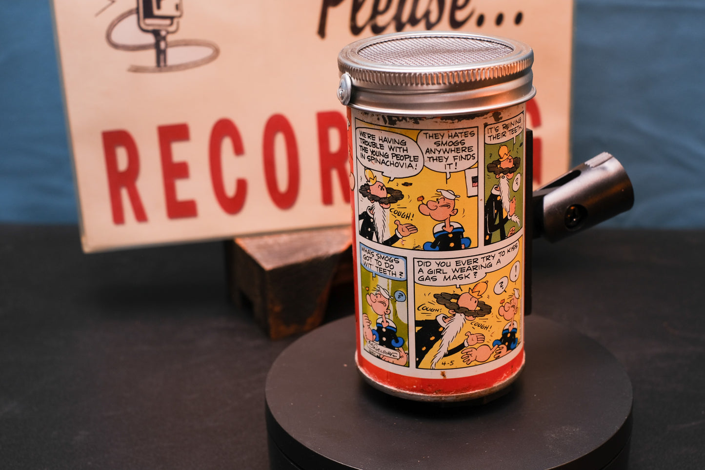 Lo Fi Soda Can Microphone - 1960s Smog Comic Can Popeye