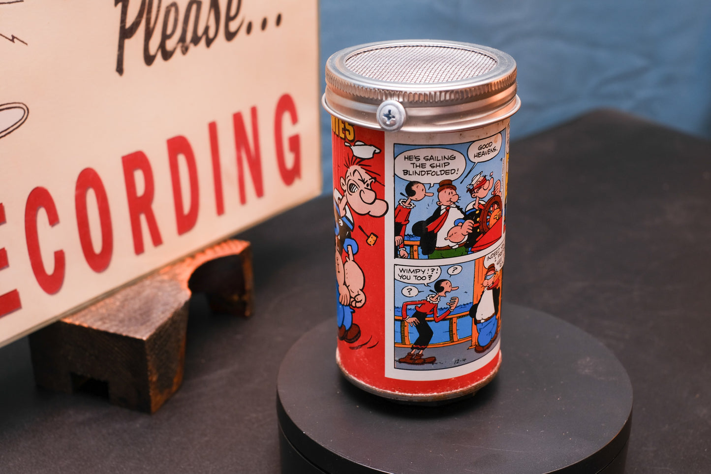 Lo Fi Soda Can Microphone - 1960s Blindfolded Comic Can Popeye