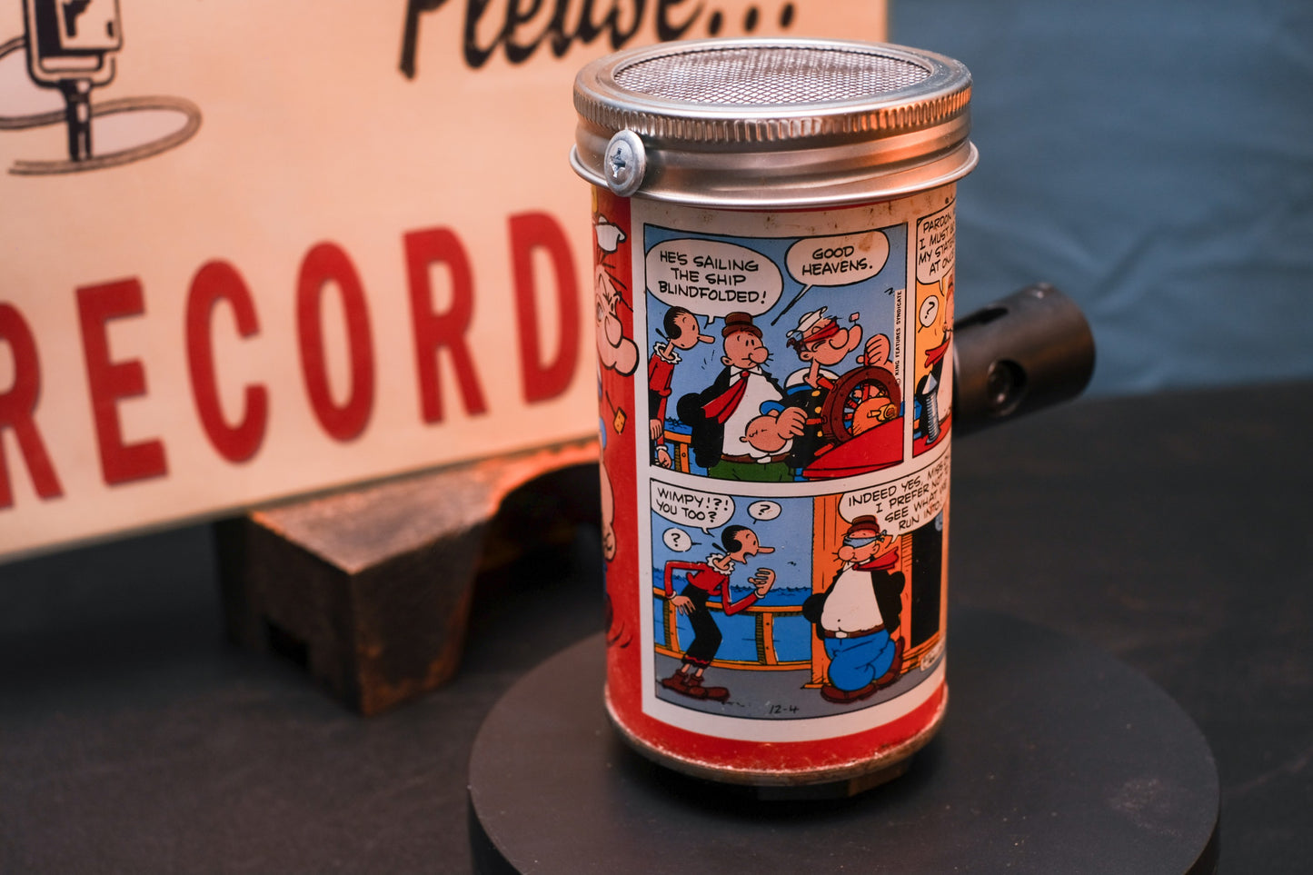 Lo Fi Soda Can Microphone - 1960s Blindfolded Comic Can Popeye