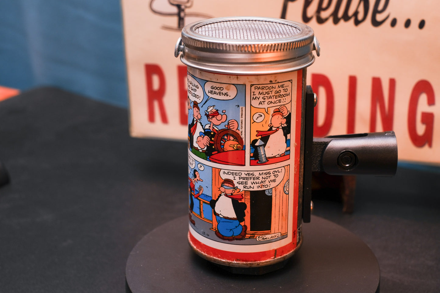 Lo Fi Soda Can Microphone - 1960s Blindfolded Comic Can Popeye