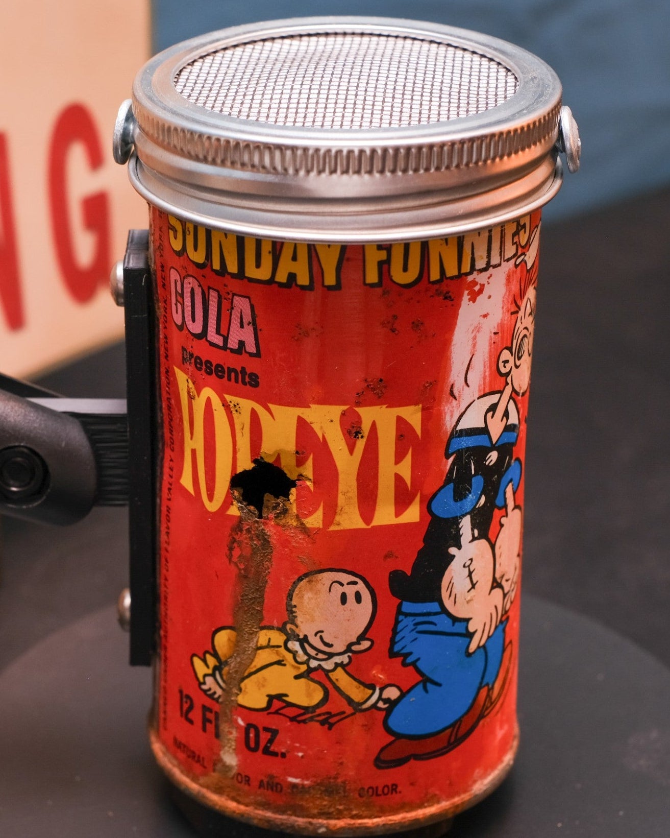 Lo Fi Soda Can Microphone - 1960s Cheater Comic Can Popeye
