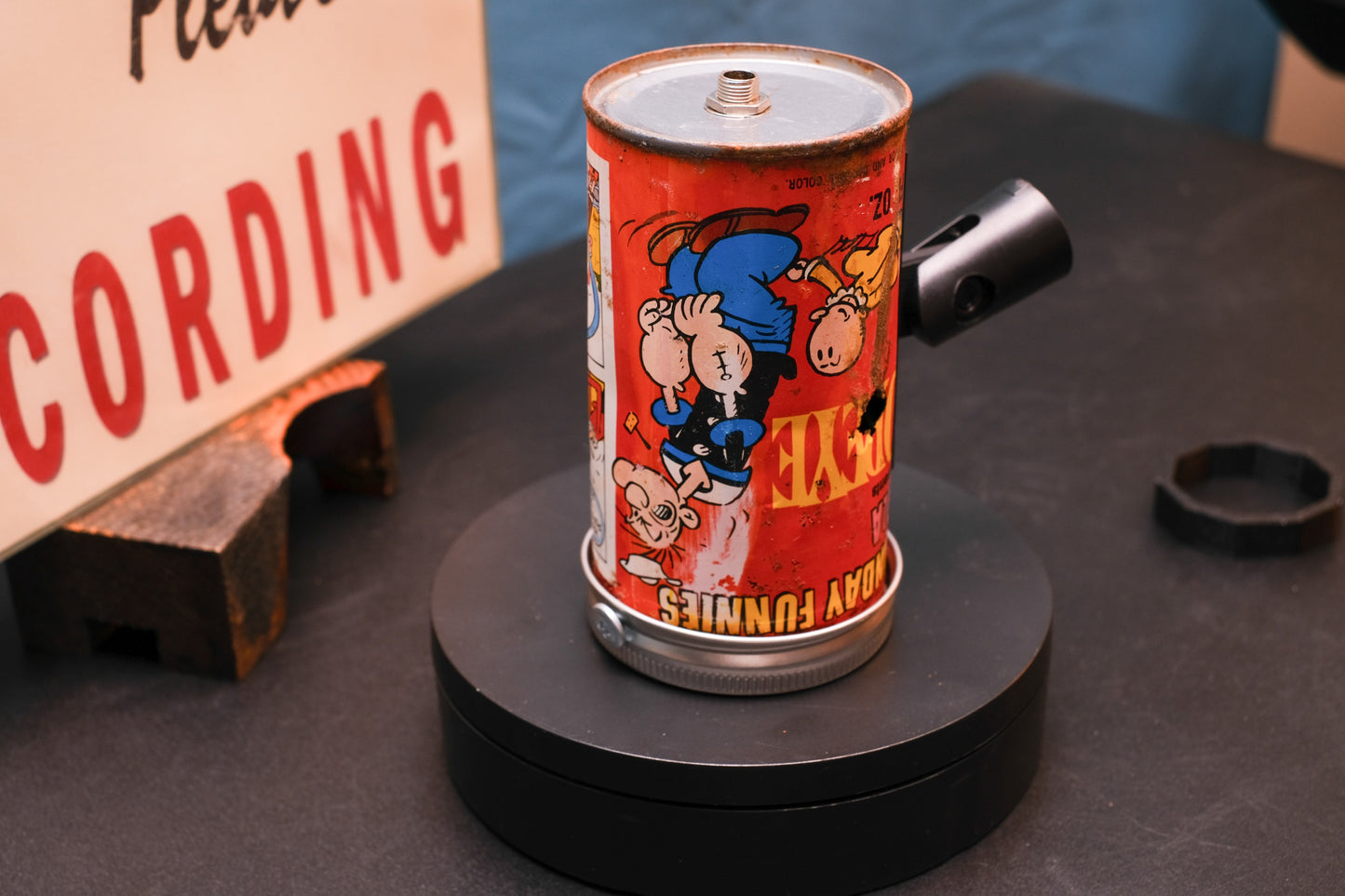 Lo Fi Soda Can Microphone - 1960s Cheater Comic Can Popeye