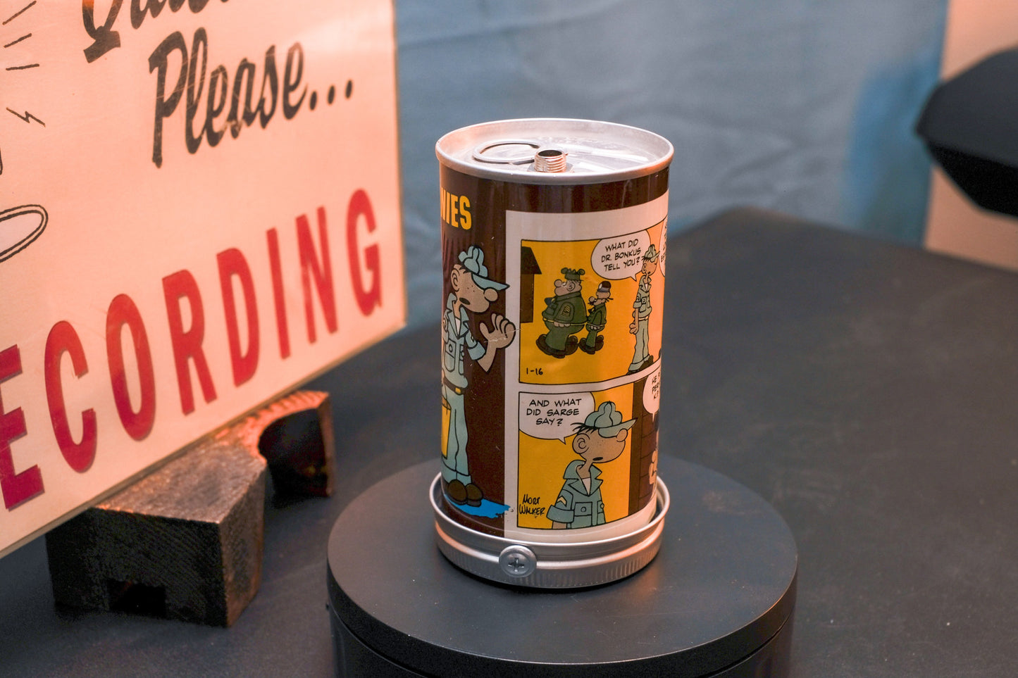 Lo Fi Soda Can Microphone - 1960s Brown Comic Can Beetle Bailey