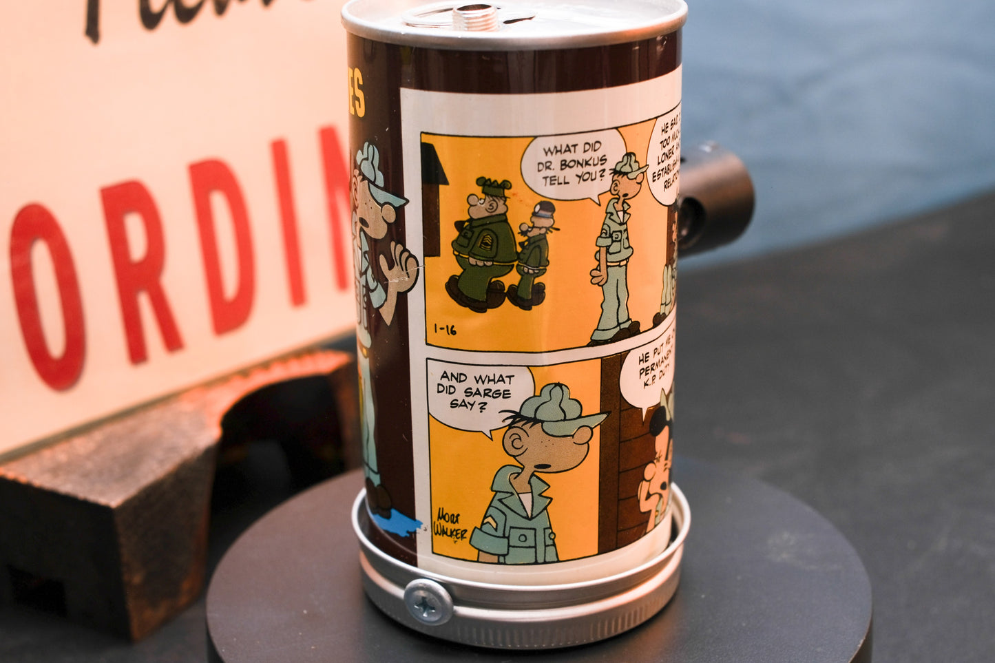 Lo Fi Soda Can Microphone - 1960s Brown Comic Can Beetle Bailey