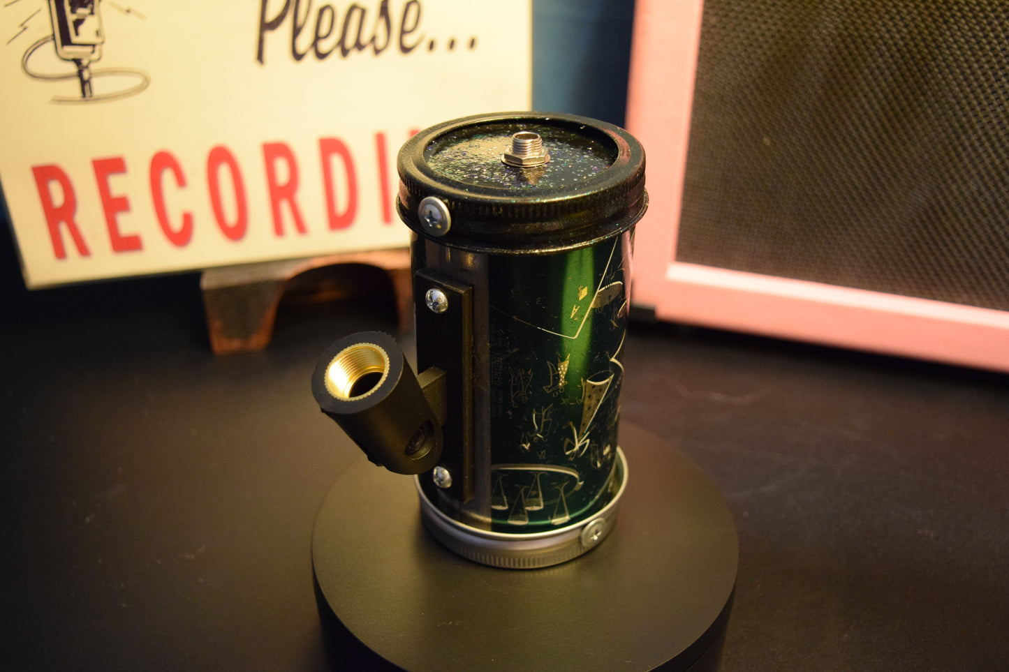 Lo Fi Beer Can Microphone - 1950s Boeing Wind Tunnel Rainier, Dark Green Dance Hall Party